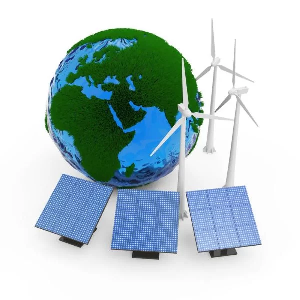 Solar panels, wind turbines, and earth globe on white background. Illustrating Solar Energy Efficiency.