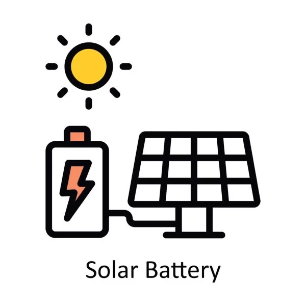 Line style vector illustration of a solar battery icon, depicting solar battery bank, inverter battery, and lithium solar batteries