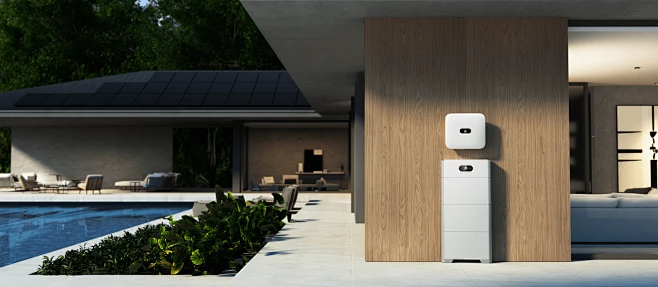 A sleek home with a pool and a white wall, highlighting inverters; Off-grid inverters.