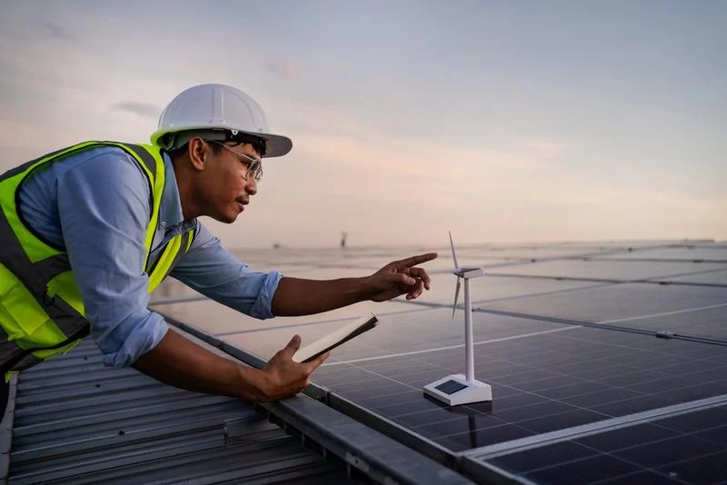 A man wearing a hard hat and safety vest inspecting a solar panel