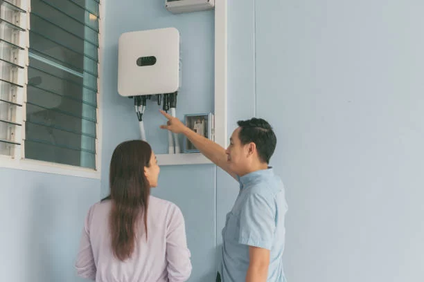 A man and woman stand next to a wall-mounted air conditioner, showcasing its inverter technology and battery functionality