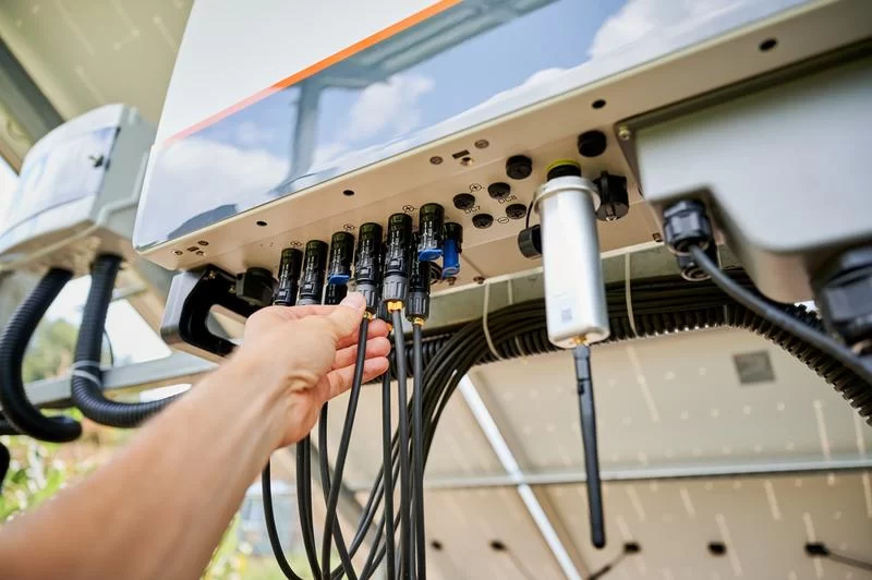 Person holding cable connected to solar panel, with lithium battery for inverter