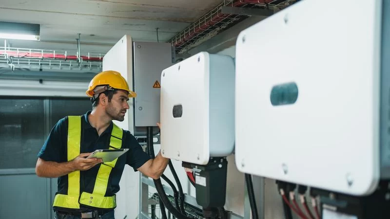 Worker in hard hat and safety vest by large electrical panel, featuring lithium battery for inverter