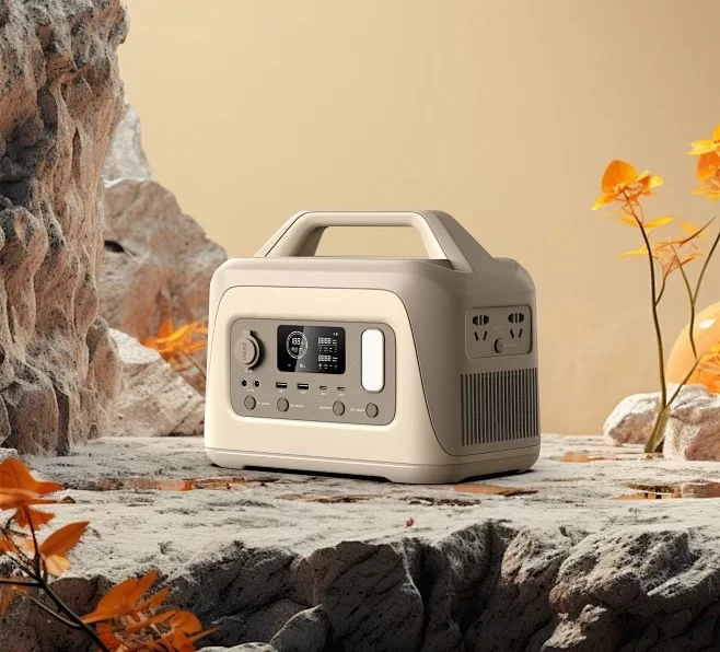 Image of a portable power station resting on a rock, designed for battery storage at home or while traveling, with solar powerbank functionality.