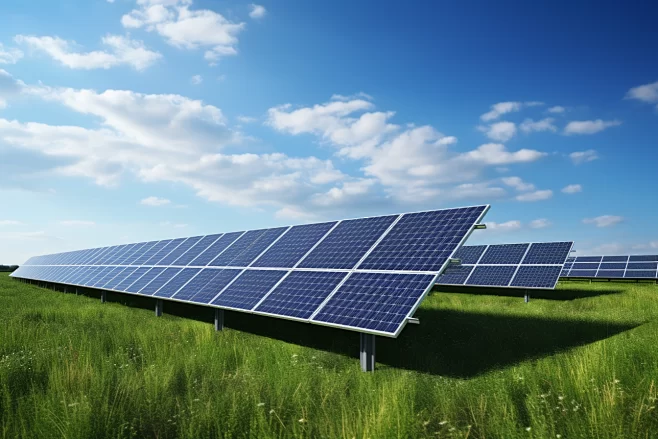 Solar panels on a lush green field with Solar Modules.