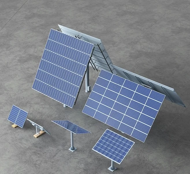 Solar panels on concrete with mounting brackets.