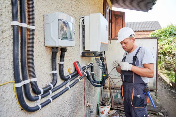 A man in overalls diligently working on an electrical panel connected to a 3000W inverter.